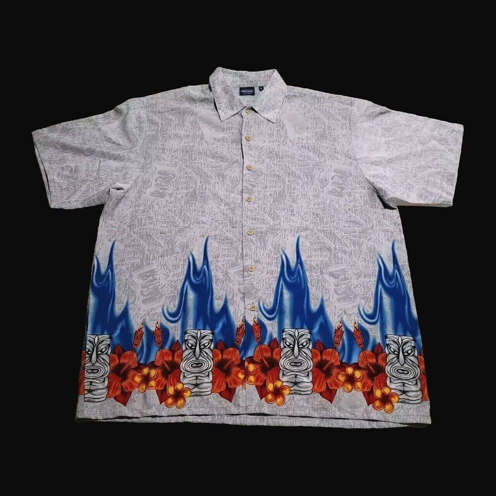 Sideout VTG Hawaiian Tiki Flames Tropical Blue Camp XL EUC